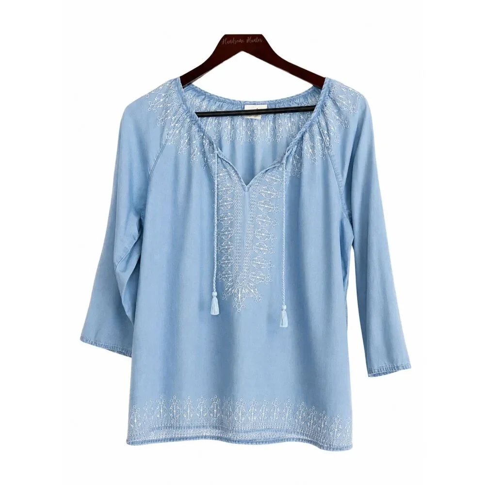 J Jill Denim Womens Chambray Embroidered Top Size M Blue Long Sleeve Tassel Boho - Picture 2 of 10